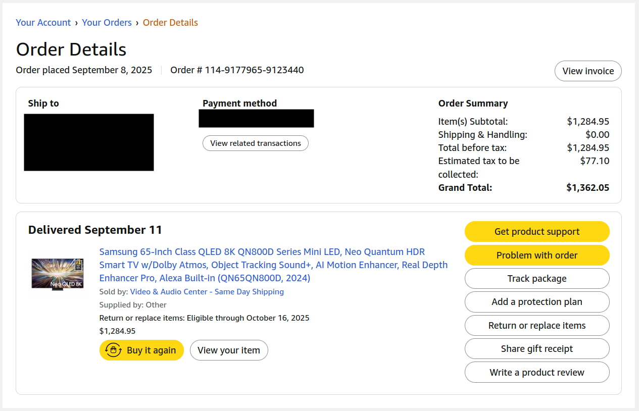 Screenshot of the order details, showing a total of $1,362.05 paid for a TV.