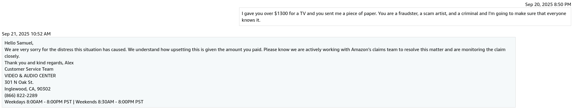 Screenshot of the seller admitting the tracking number was for an envelope.