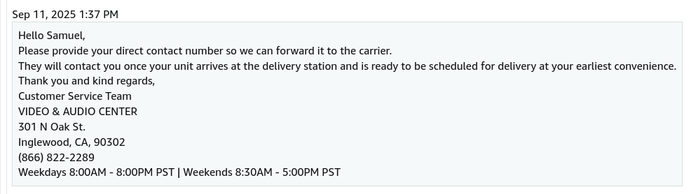Screenshot of the seller asking for personal contact information.