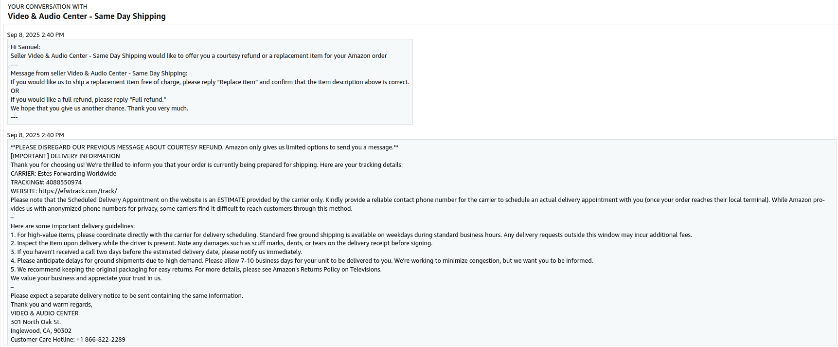 UPS tracking showing an envelope was delivered, not a TV.